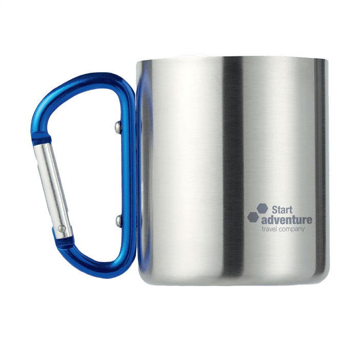 Metallbecher mit Karabinerverschluss-Griff blau